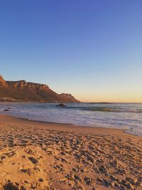 Scenic view of beach against clear blue sky