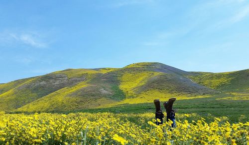 Scenic view of hill against blue sky