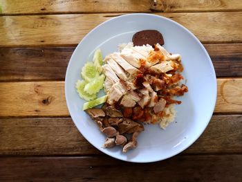 High angle view of meal served on table