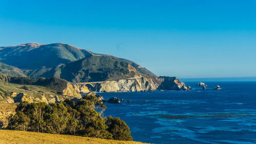 Scenic view of sea against clear blue sky