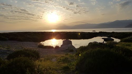 Scenic view of lake against sky during sunset