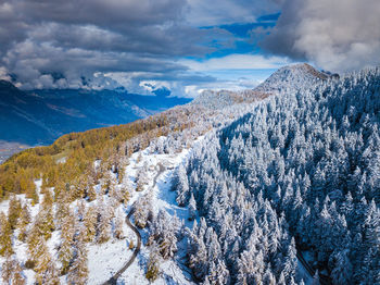 Aerial view of snowcapped mountains against sky