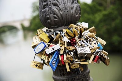 Close-up of padlocks on pole