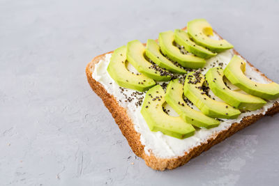 Close-up of avocado slices on bread