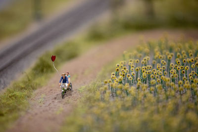 Full length of man cycling on field