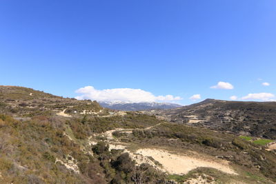 Scenic view of mountains against clear blue sky