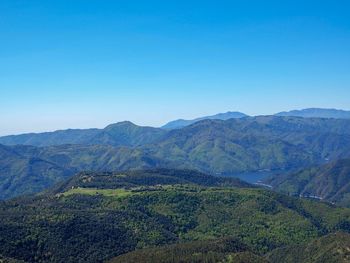 Scenic view of mountains against clear blue sky