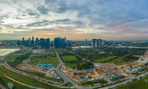 High angle view of buildings against sky during sunset