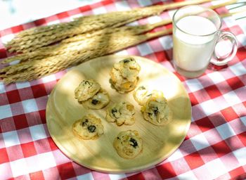 High angle view of breakfast on table