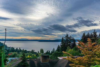 A blanket of clouds hangs over the puget sound in burien, washington.