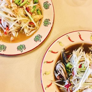 High angle view of noodles in plate on table