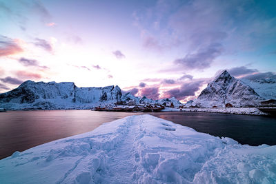 Scenic view of snowcapped mountains against sky during winter