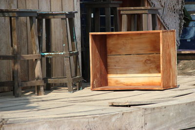 Close-up of empty wooden crate