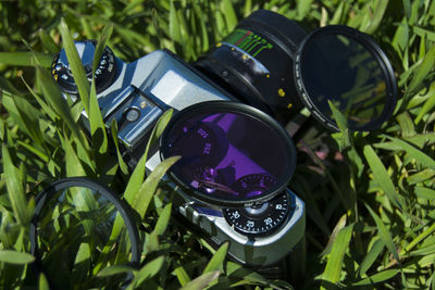 High angle view of camera on grass