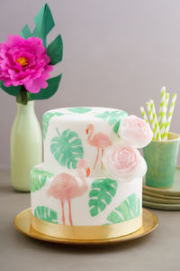 Close-up of pink flowers in plate on table