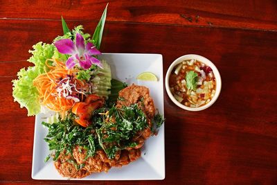 High angle view of meal served on table