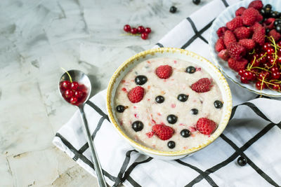 High angle view of strawberries on table