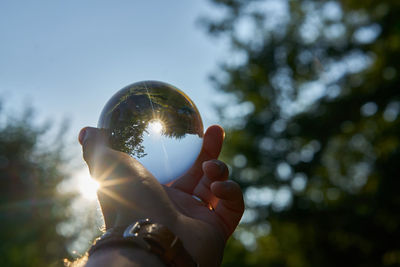 Cropped hand holding crystal ball with reflection
