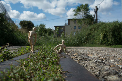 Wooden figurines and plants on footpath
