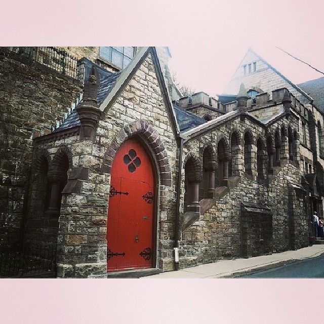 architecture, built structure, building exterior, transfer print, brick wall, auto post production filter, window, low angle view, old, arch, building, wall - building feature, stone wall, residential structure, exterior, outdoors, no people, day, house, clear sky