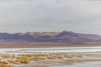 Scenic view of sea and mountains against sky