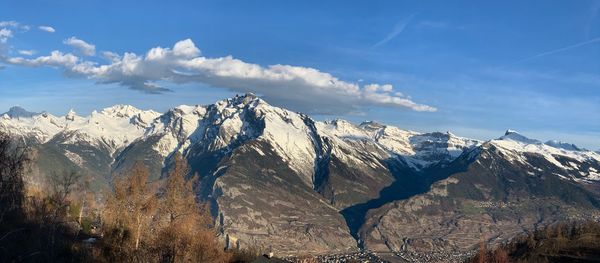 Scenic view of snowcapped mountains against sky