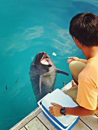 High angle view of man feeding dolphin swimming in lake