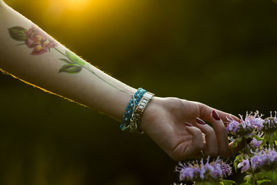 Close-up of cropped hand with tattoo touching plant