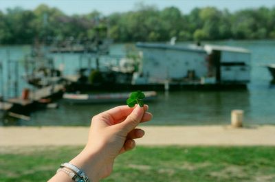 Close-up of hand holding leaf against river