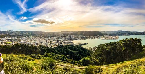 Scenic view of bay against sky