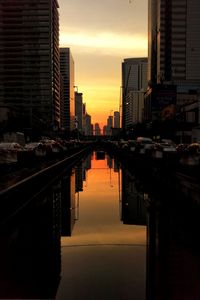 River amidst buildings against sky during sunset