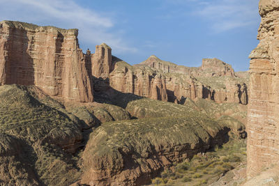 Rock formations on mountain against sky