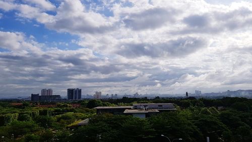 High angle view of buildings against sky