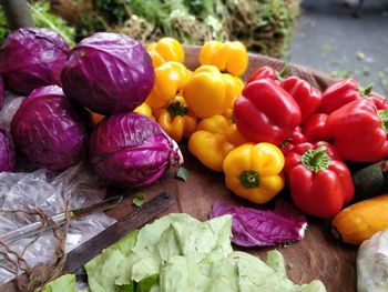 High angle view of various bell peppers