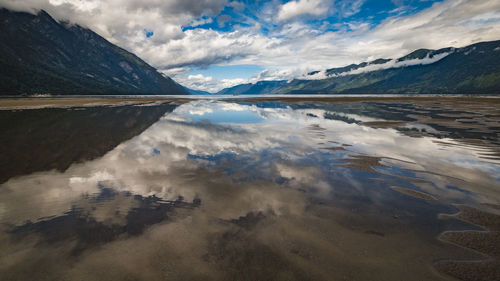 Panoramic view of lake against cloudy sky