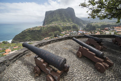 Scenic view of sea and mountains against sky