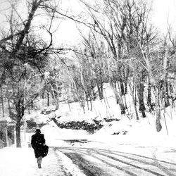 Rear view of man walking on snow covered landscape