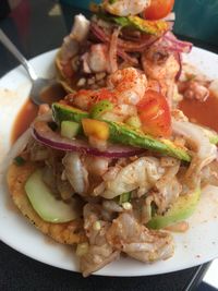 Close-up of served food in plate