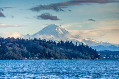 Scenic view of sea and mountains against sky