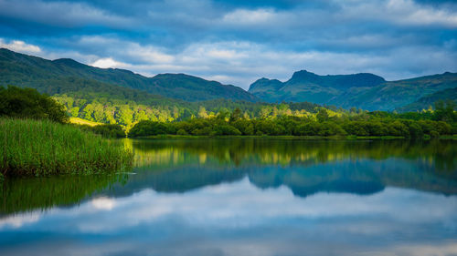 Scenic view of lake and mountains against sky