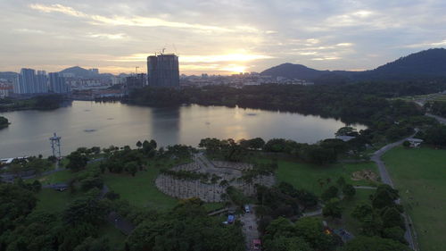 High angle view of city at sunset