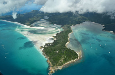 High angle view of sea shore against sky