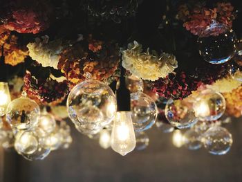 Close-up of illuminated decorations hanging on glass
