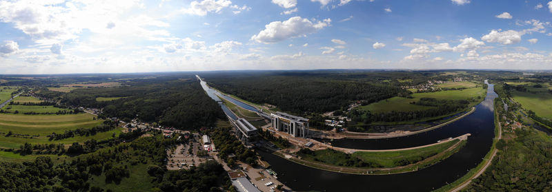 High angle view of land against sky