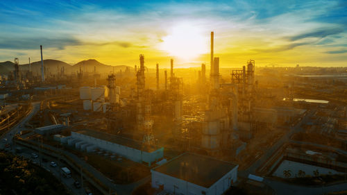 High angle view of cityscape against sky during sunset