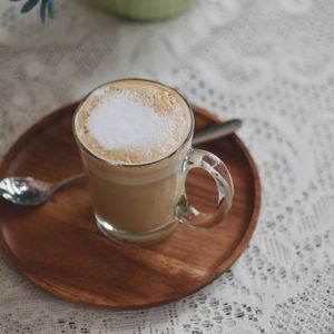 High angle view of coffee on table