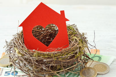 High angle view of red heart shape decoration
