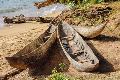 High angle view of abandoned boats on beach