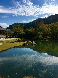 Scenic view of lake by trees against sky