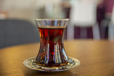 Close-up of beer in glass on table